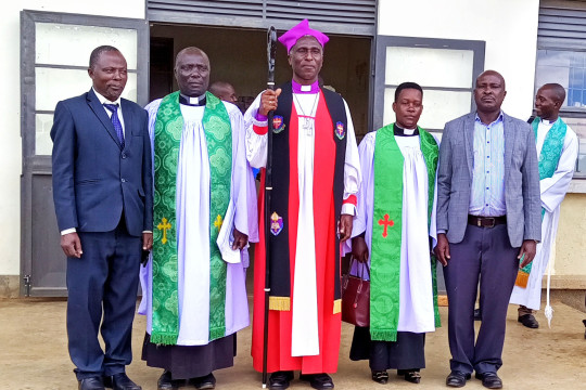 From left-right: Principal, Rev. Kalyebara, Bishop, Chaplain and Chairperson BOG Nyamango